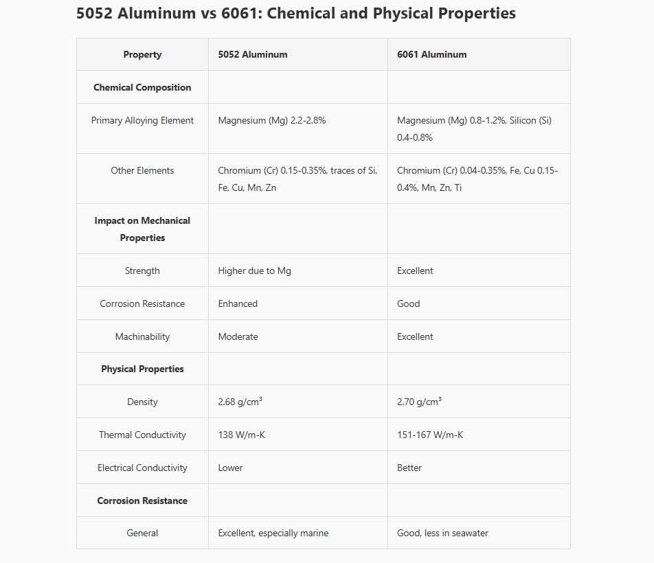 5052 Aluminum vs. 6061 Aluminum: Comparison of Chemical and Physical Properties